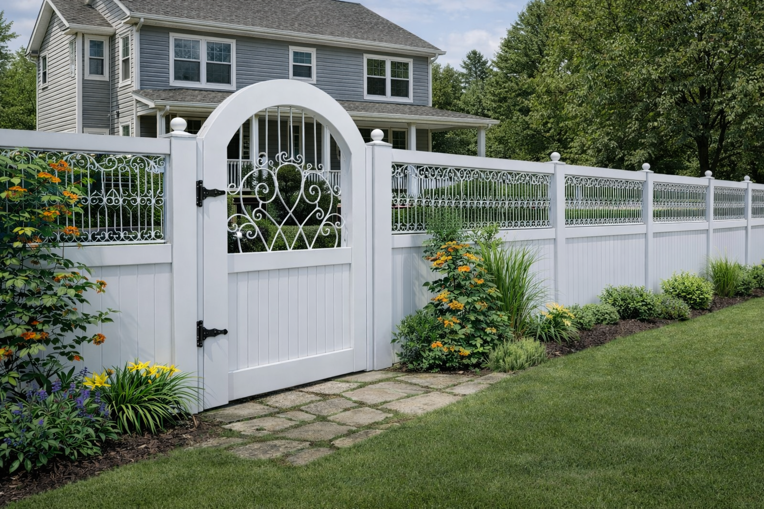 White vinyl privacy fence with decorative arched gate and post cap lighting in Central Indiana